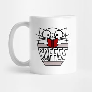 Cat in coffee cup with warped text reading book wearing glasses Mug